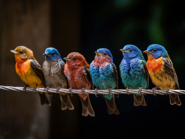 A group of colorful birds sit on a wire, one of which has a blue and orange breast.