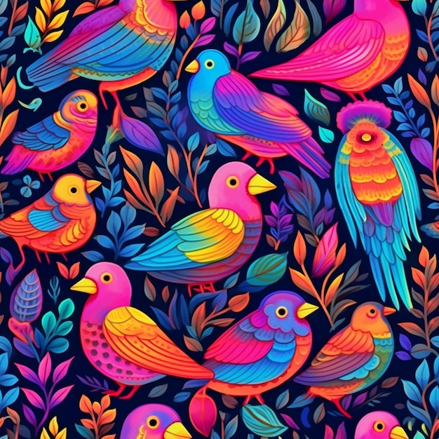 A group of colorful birds sitting on top of a lush green field generative ai