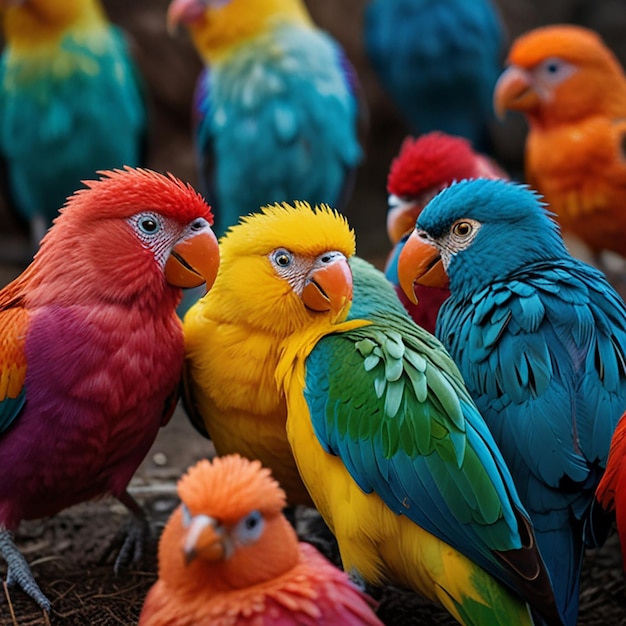 a group of colorful birds with a blue and green background