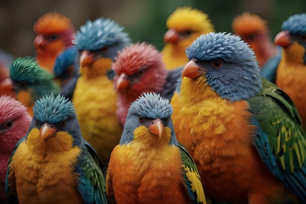 a group of colorful birds with blue and orange feathers