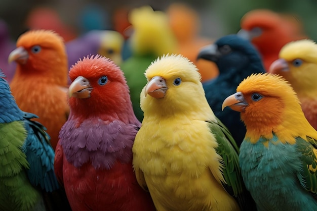 a group of colorful birds with one yellow red and green are standing in front of a group of other birds