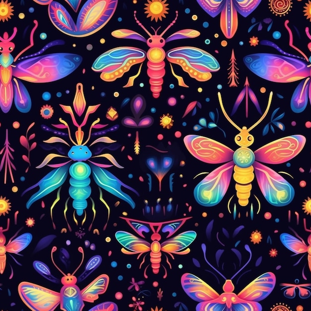 A group of colorful bugs and flowers on a black background generative ai