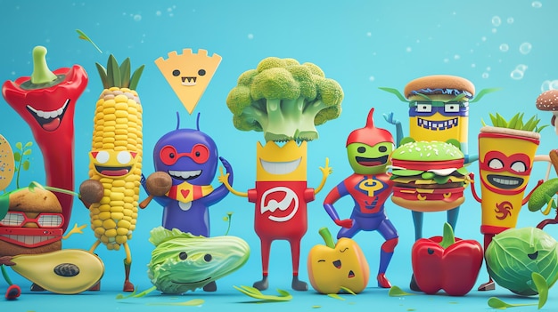 A group of colorful cartoon food characters standing together smiling and happy