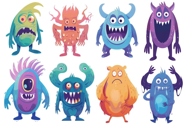 Photo a group of colorful cartoon monsters showcasing distinct facial expressions ideal for use in illustrations comics or animations