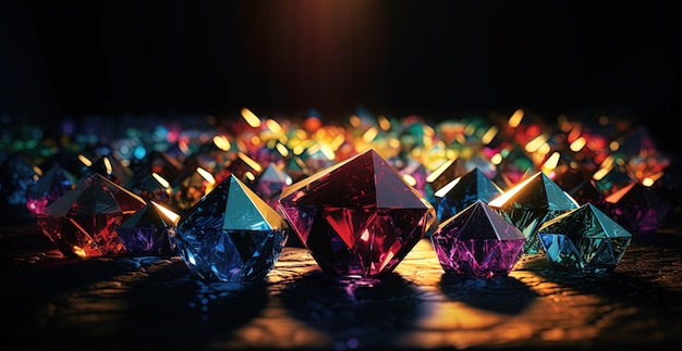 A group of colorful crystals are scattered on a table.