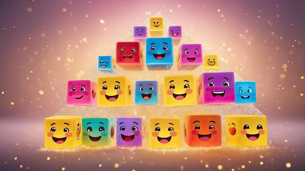 Photo a group of colorful dice with the words happy faces on them