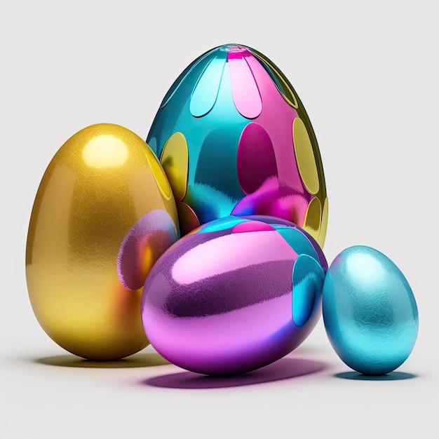 A group of colorful easter eggs are on a white background.