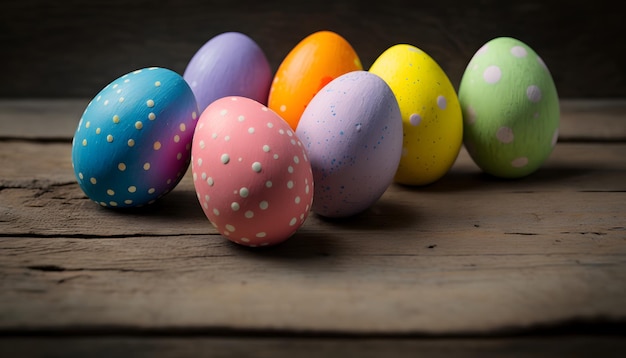 A group of colorful easter eggs on a wooden table