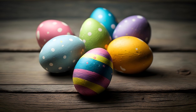 A group of colorful easter eggs on a wooden table