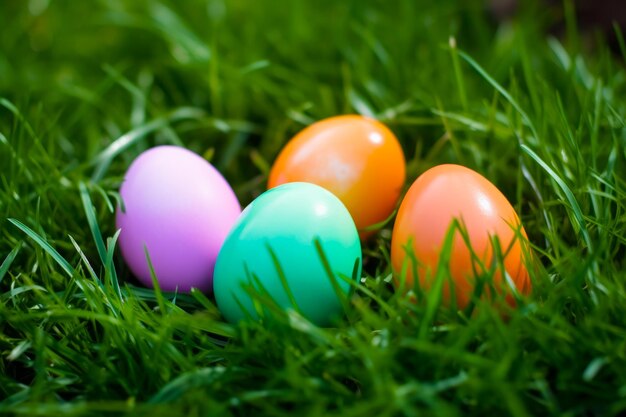 Group of colorful eggs sitting on top of green grass covered field Generative AI