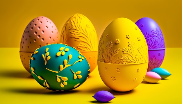 Group of colorful eggs sitting on top of table Generative AI