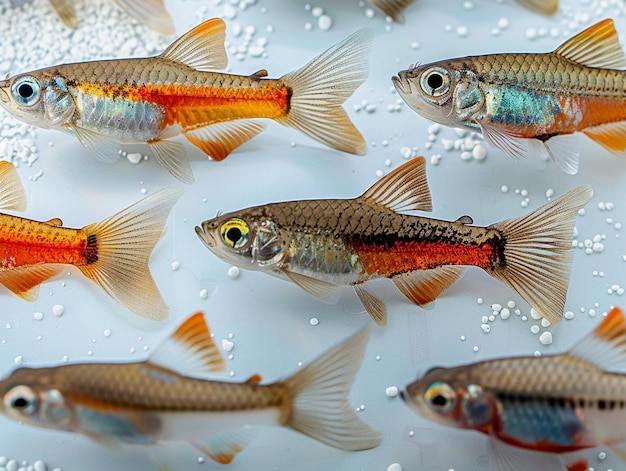 Group of colorful fish swimming in a tank filled with small bubbles during the daytime