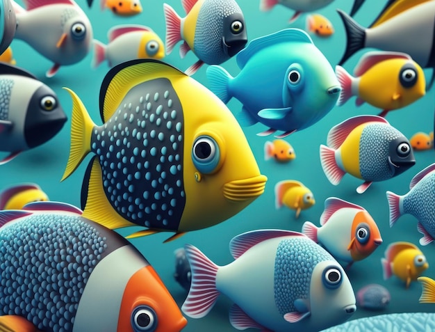 Group of colorful fishes on dark background Created with Generative AI technology