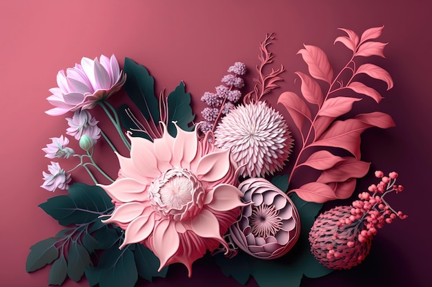 A group of colorful flowers against a soft pink background Generative AI