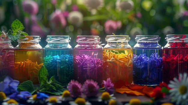 a group of colorful flowers are lined up in a row