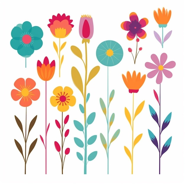 A group of colorful flowers with leaves and stems on a white background generative ai