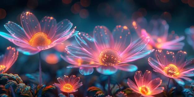 A group of colorful flowers with a neon glow