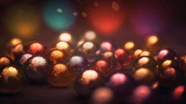 A group of colorful glass balls are scattered on a table