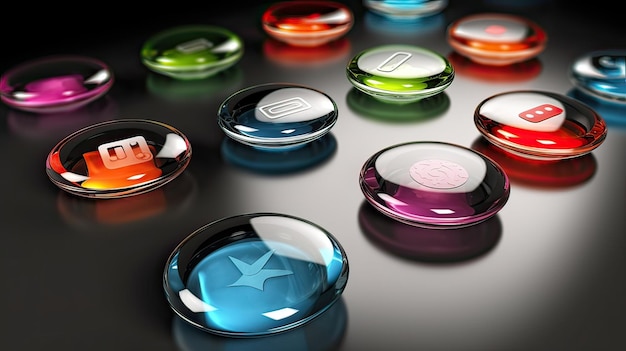 A group of colorful glass buttons with the word " on them. "