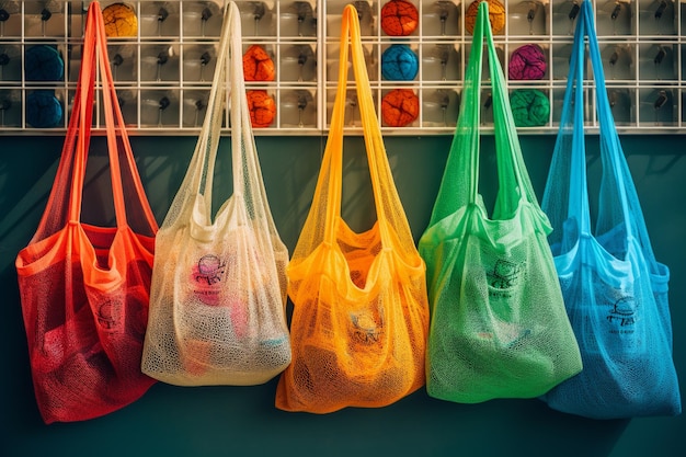 A group of colorful grocery bags are lined up on a table