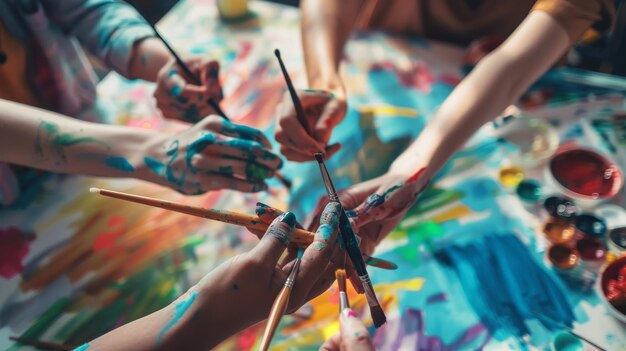 Photo a group of colorful hands and paintbrushes huddle together over a canvas brimming with creativity shared artistic passion and lively energy