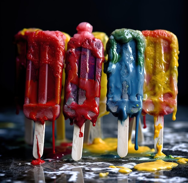 A group of colorful ice creams are covered in melted ice cream.