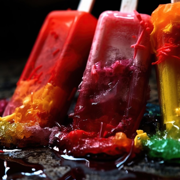 A group of colorful ice creams are lined up on a table.