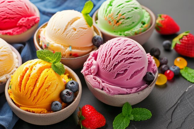 A group of colorful ice creams sit elegantly on a wooden table tempting viewers with their creamy swirls and vibrant toppings