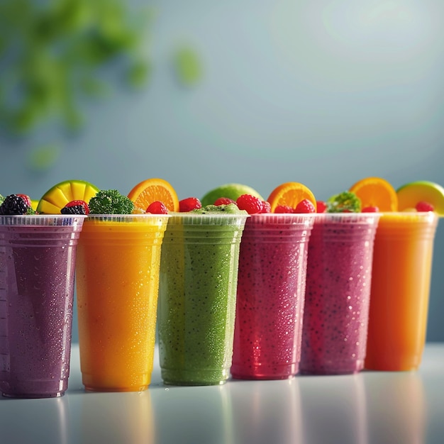 Photo a group of colorful juices with berries and fruit