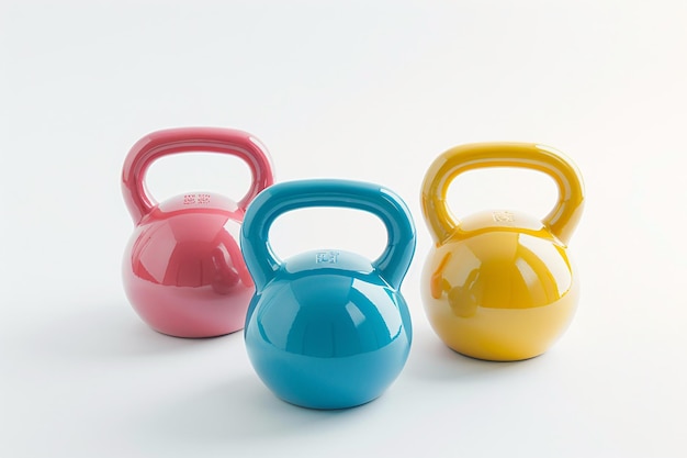 a group of colorful kettlebells