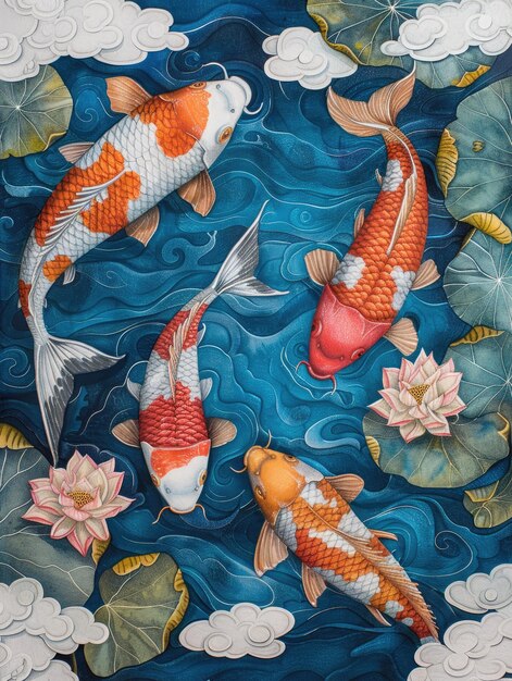 A group of colorful koi fish swimming in the water surrounded by lotus leaves and flowers