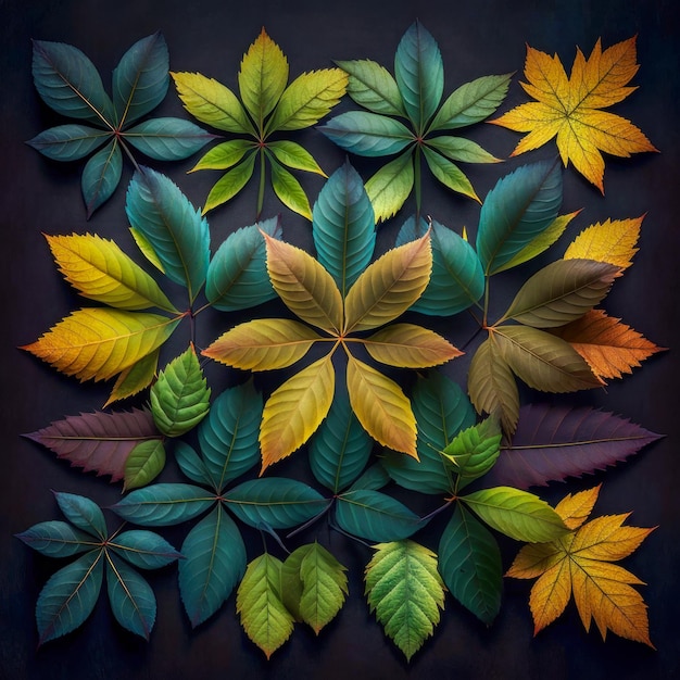 Group of colorful leaves on black background Generative AI