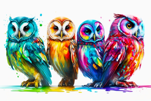 Group of colorful owls sitting next to each other on white background Generative AI