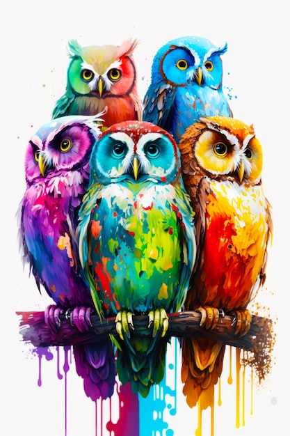 Group of colorful owls sitting on top of tree branch in front of white background Generative AI