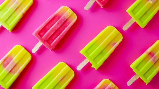 A group of colorful popsicles on a pink background