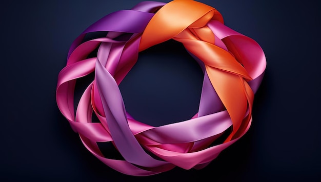 a group of colorful ribbon is represented in the center of a circle of pink in the style of dark