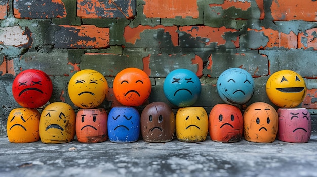 Photo a group of colorful smiley faces painted on wooden blocks