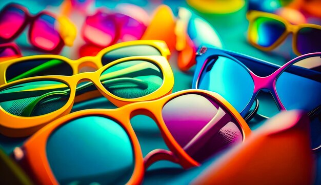 Group of colorful sunglasses laying on top of each other Generative AI