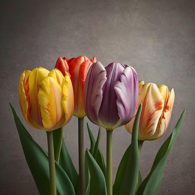 Photo a group of colorful tulips with a purple and yellow colors