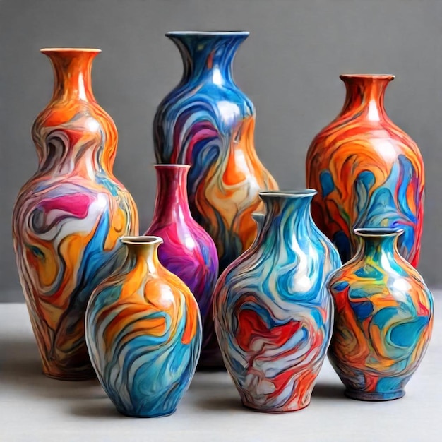 a group of colorful vases with different colors on them