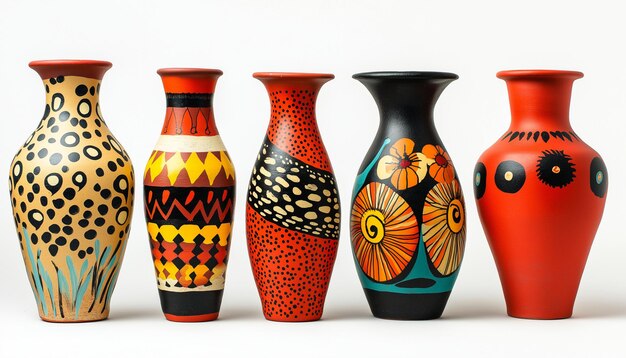 Photo a group of colorful vases with different designs on them