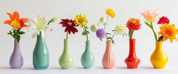 a group of colorful vases with flowers in them are arranged in a row