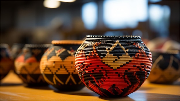 Photo a group of colorful vases with a pattern of birds on them