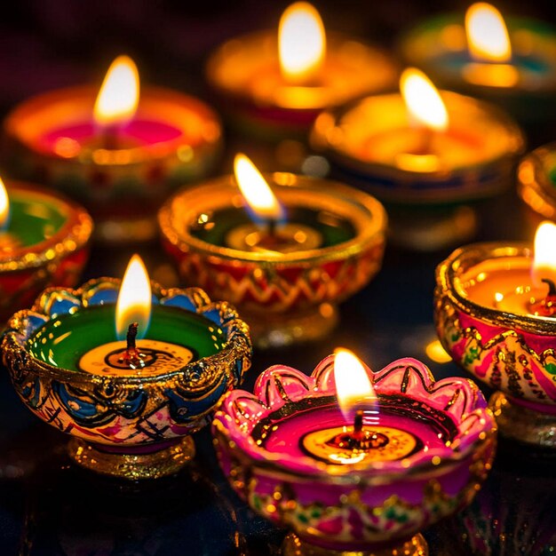 a group of colorful votive candles sit on a table