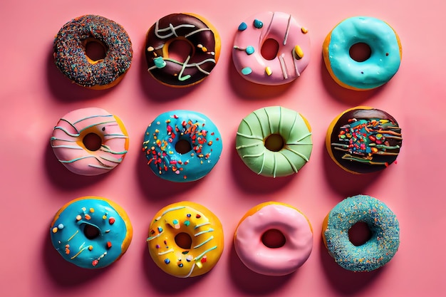 Group of colourful doughnuts lies on pink background Generative Ai