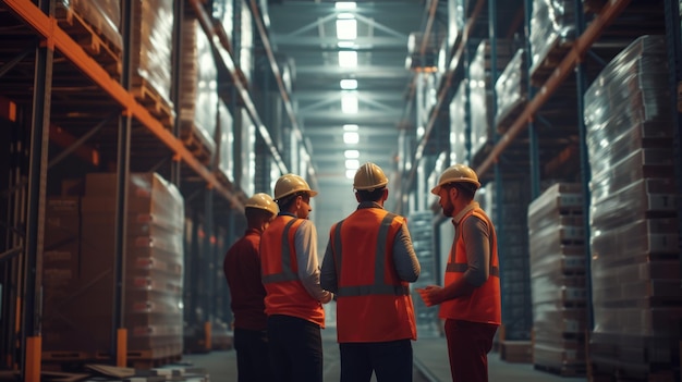 A group of construction workers are standing in a warehouse talking to each other AIG41