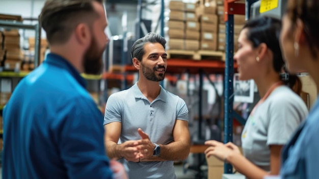 A group of construction workers are standing in a warehouse talking to each other AIG41