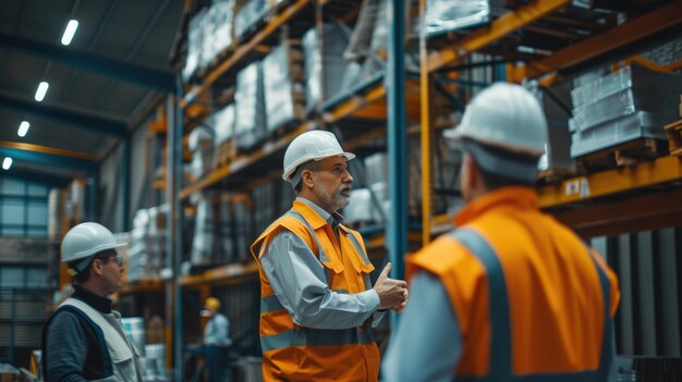 A group of construction workers are standing in a warehouse talking to each other aig