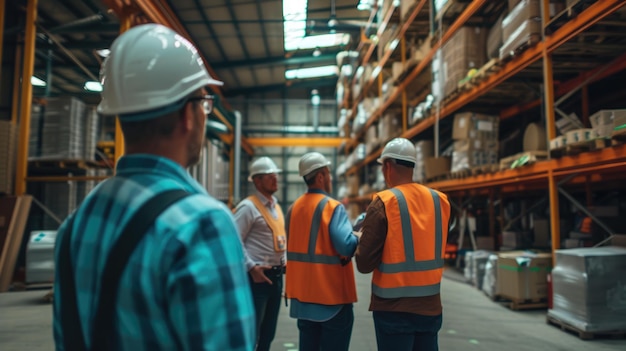 A group of construction workers are standing in a warehouse talking to each other aig