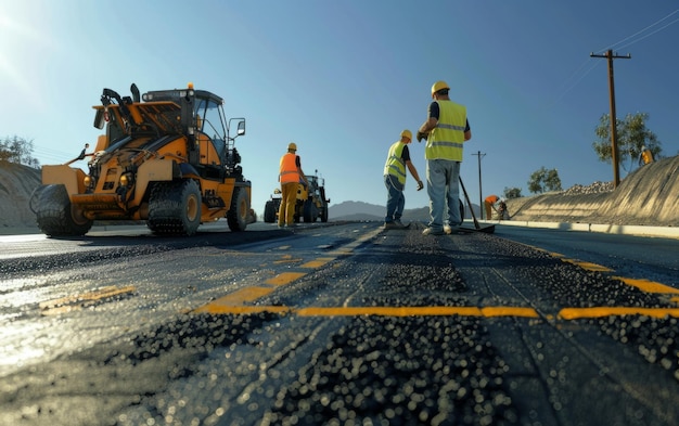 Photo a group of construction workers are working on a road